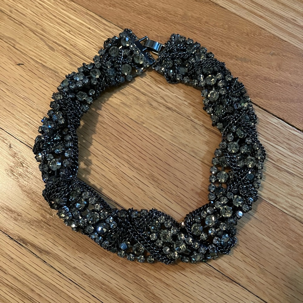 J.Crew Statement Necklace chunky twisted chains gunmetal rhinestones